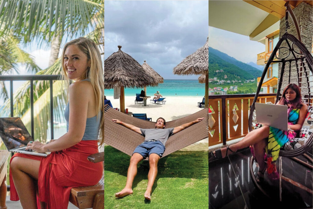 Images of popular social media influencers on Instagram who are digital nomads or work remotely all over the world; From Left: @christabellatravels working in Mirissa, Sri Lanka, @wanderingearl relaxing on Tamarijn Beach, @workcations.in working in Manali, Himachal Pradesh