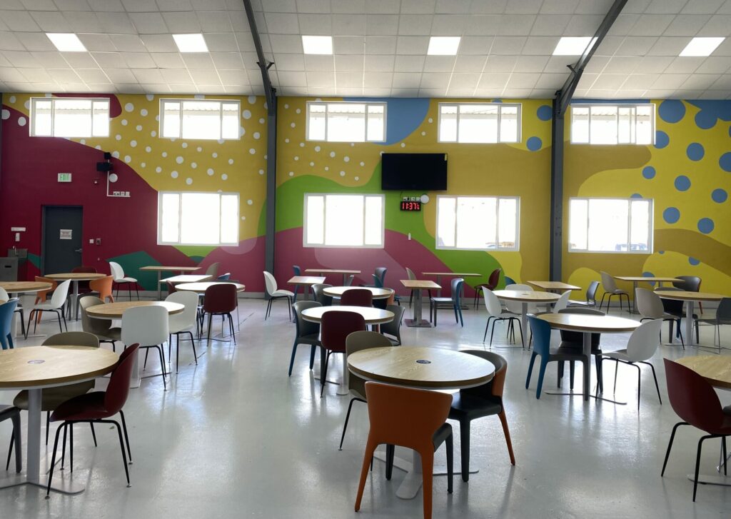 Image of itel's facilities in Saint Lucia. The spacious indoor cafeteria features colorful murals, organic touches like wooden tables and indoor rock gardens, a full kitchen, and smaller clusters of seating on the terrace above. 